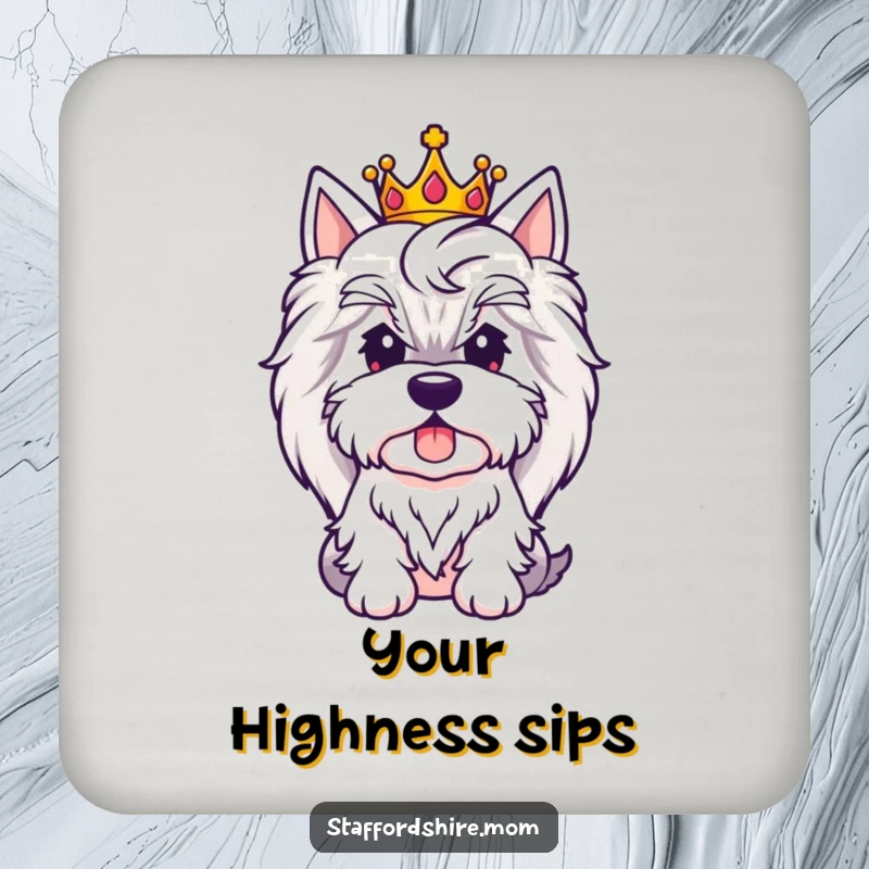 Funny Royal Staffy coaster featuring a dog wearing a crown, adding regal charm and surface protection.