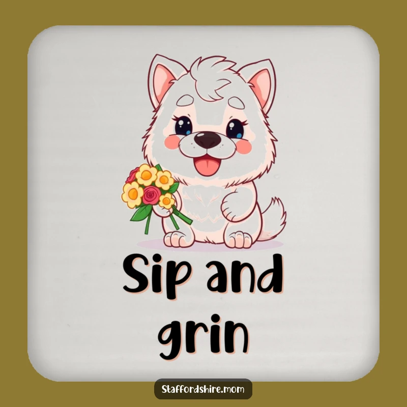Funny Staffordshire Coaster: Kawaii Dog's Flower Gift, Table Protector