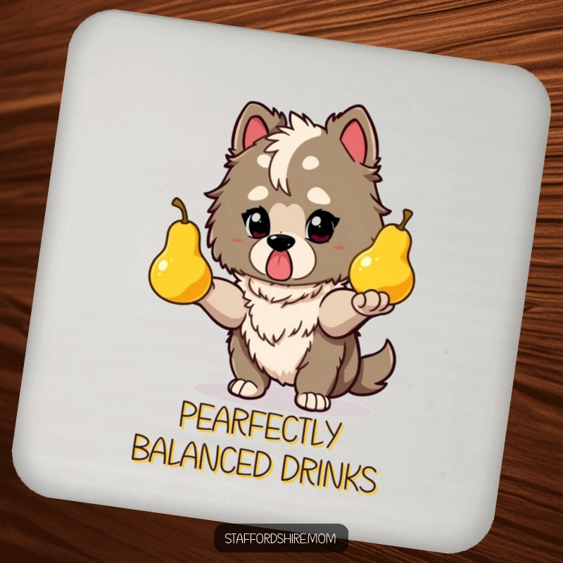 Funny Staffy juggling drink coaster with a determined dog juggling glowing pears, protecting surfaces with flair.