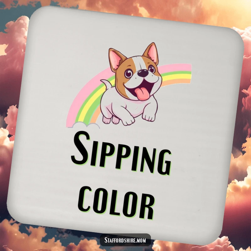 Funny Staffordshire bull terrier coaster showing a dog sliding down a bright rainbow with an expression of pure exhilaration.