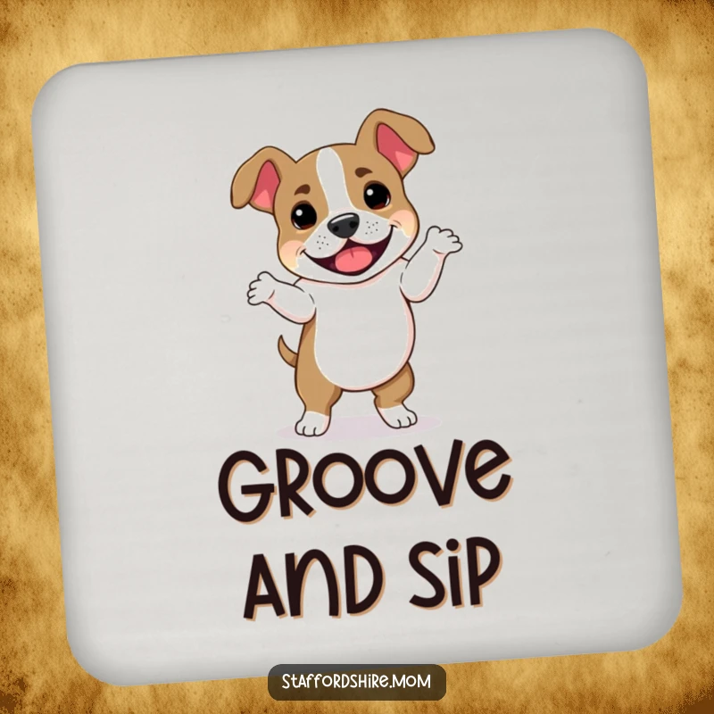 Funny Staffordshire Bull Terrier coaster depicting a dog in a funny dance pose, protecting surfaces with a side of canine comedy.