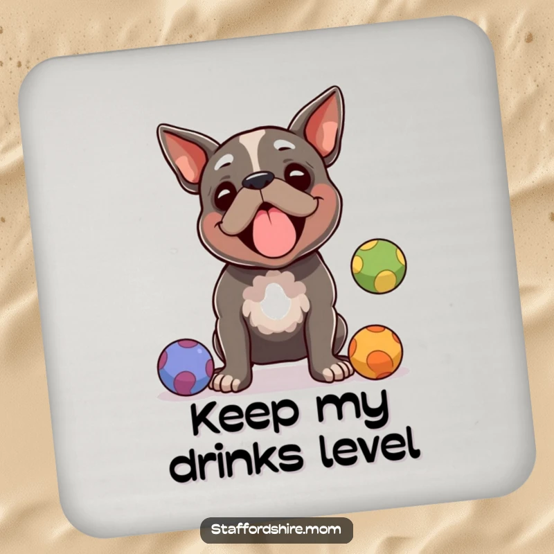 Funny Staffordshire terrier coasters, a dog juggling balls with amused focus, protects surfaces and adds humor, great funny gift.