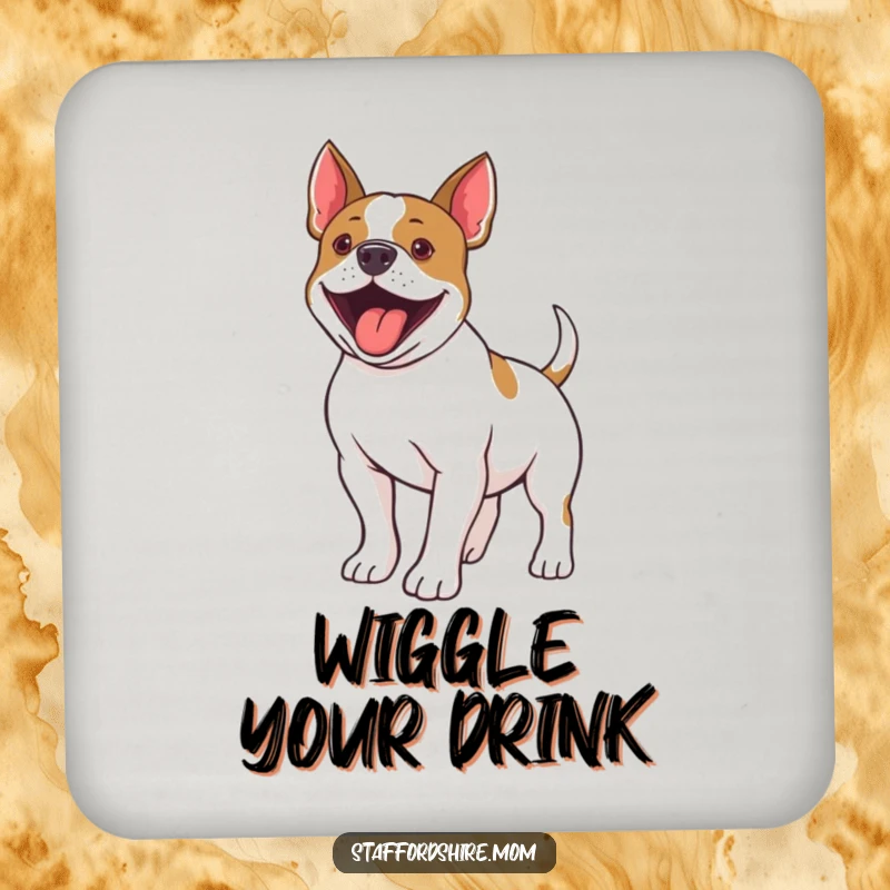 Funny Staffordshire Bull Terrier drink coaster depicting a dog's excited tail wiggle, protecting surfaces with humor.