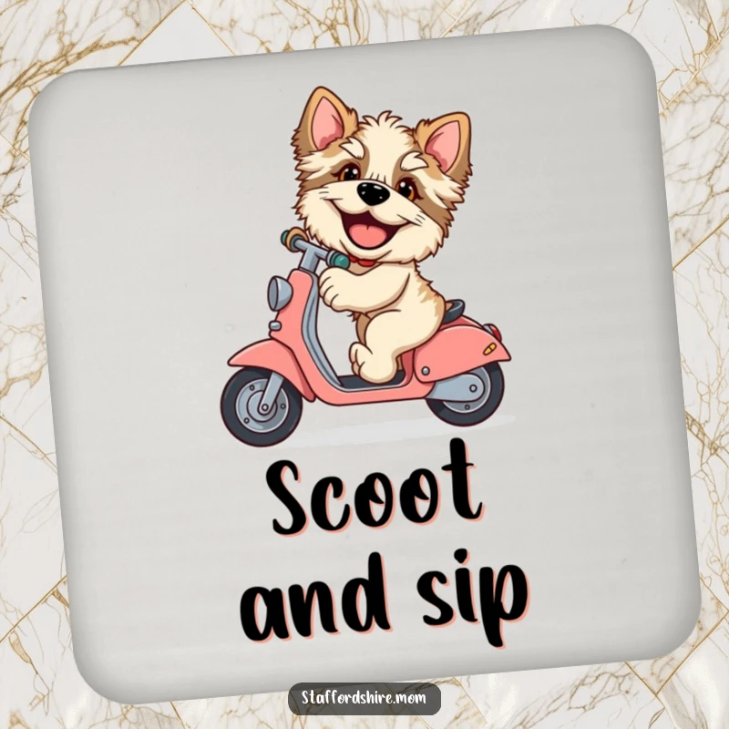 Funny Staffordshire coaster, giggling dog, riding scooter, large paws, humorous home accessory, pet drinkware, excellent funny gift.