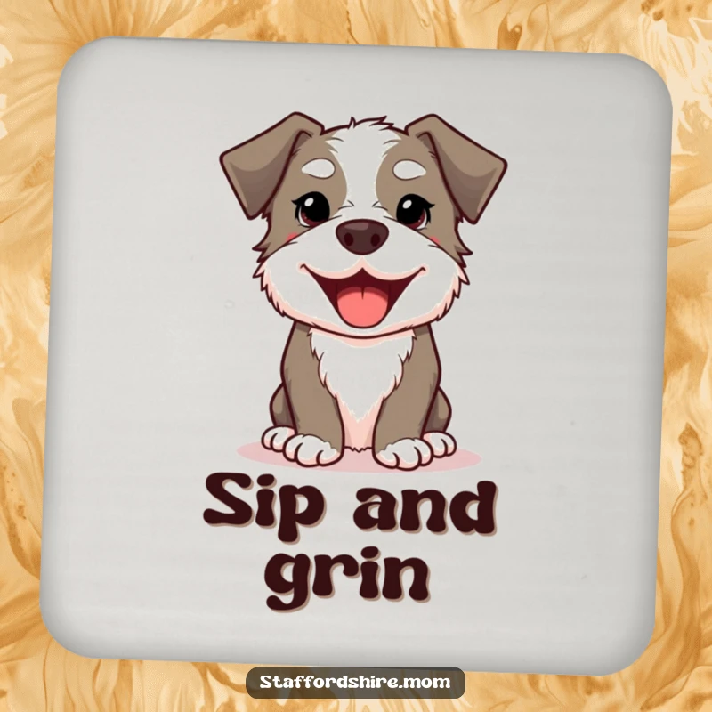 Funny Kawaii Staffordshire Dog Coaster showcasing a cute, smiling dog with a wide, happy doggy grin, protects surfaces.