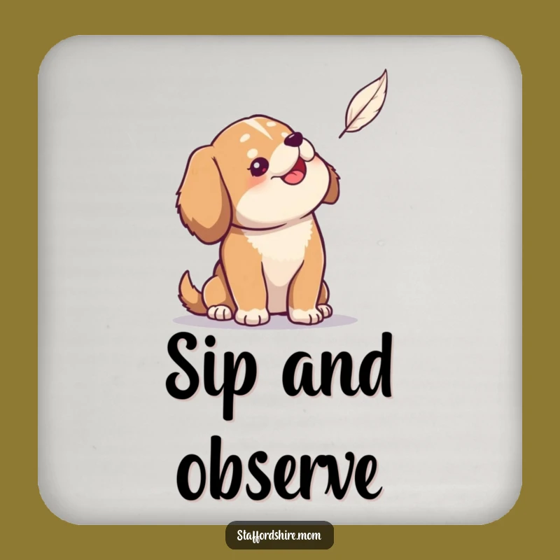 Funny Dog Coasters: Solid build dog amused by feather, protect surfaces humorously, gift.