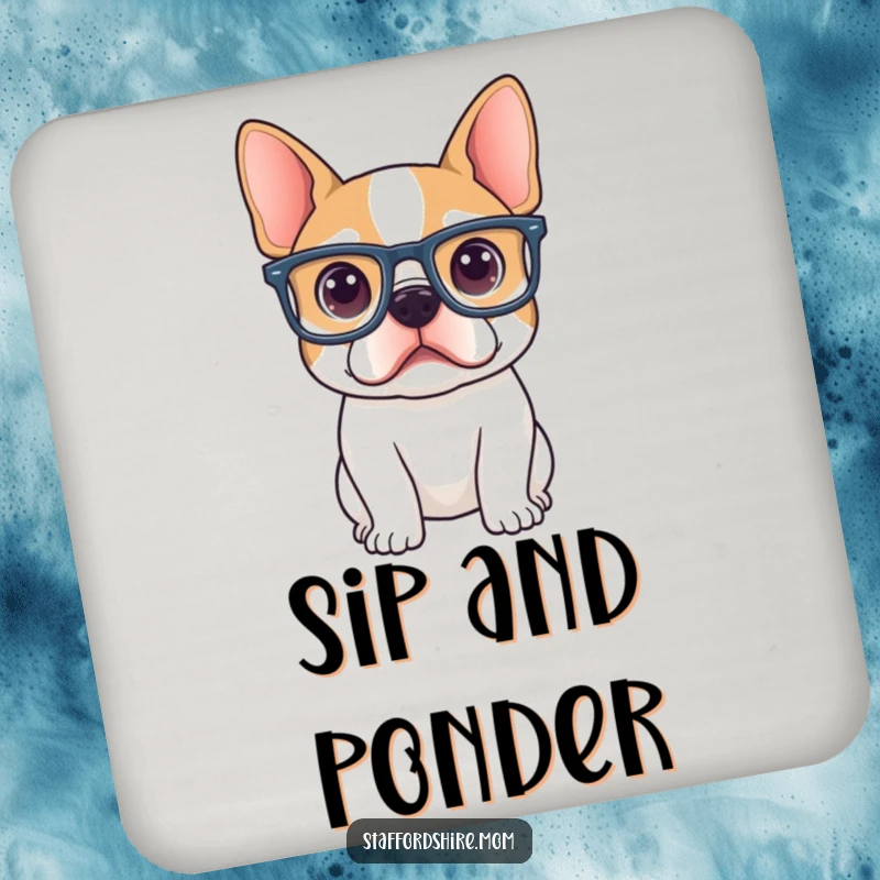 Funny Staffordshire terrier wearing oversized glasses, looking curiously intellectual on this humorous drink coaster.
