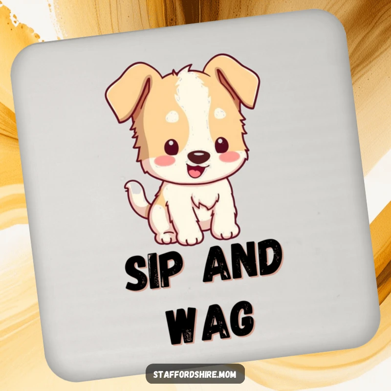 Funny Kawaii Staffordshire Coaster: A cute dog with floppy ears wagging its tail, protecting furniture with a smile.