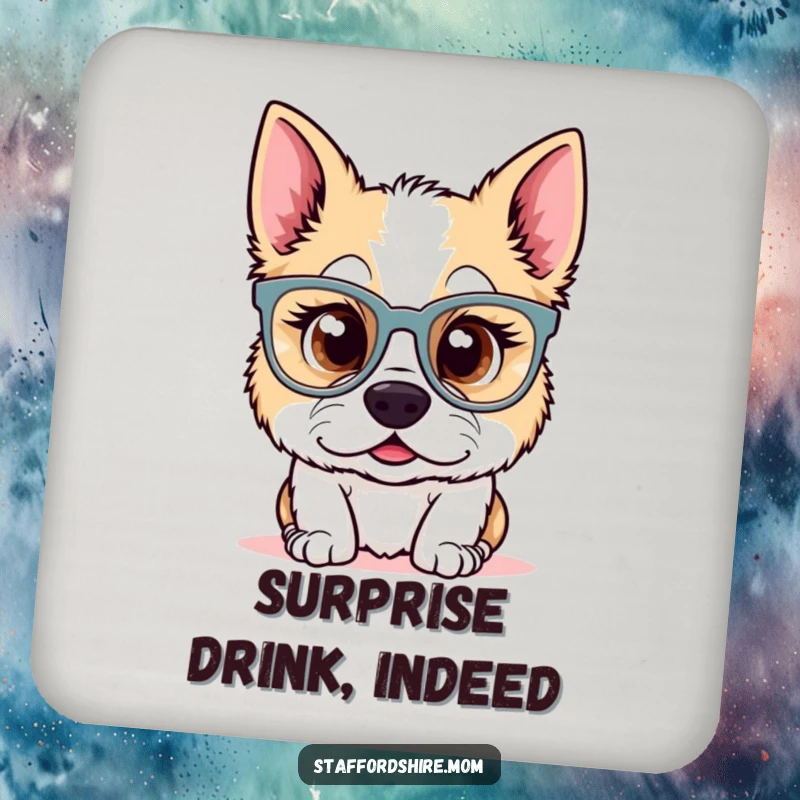 Funny Kawaii Staffordshire dog coaster with a surprised pup in oversized glasses. Protects surfaces with cute, humorous artwork, a great funny gift.