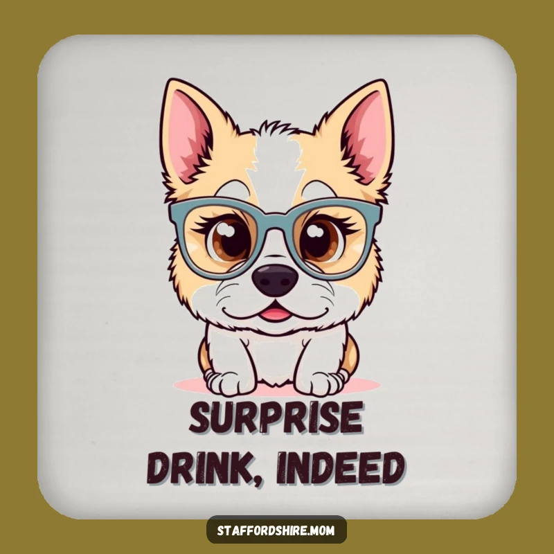 Funny Kawaii Staffy Glasses Coaster: Surprised Dog for Quirky Tables!