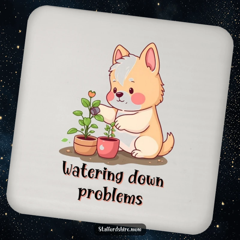 Funny drink coaster showcasing a rosy-cheeked Staffordshire dog watering a small plant, adding a charming touch to any surface.