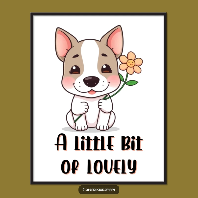 Funny Kawaii Staffy Poster: Flower Offering Art, Sweet Wall Decor Gift