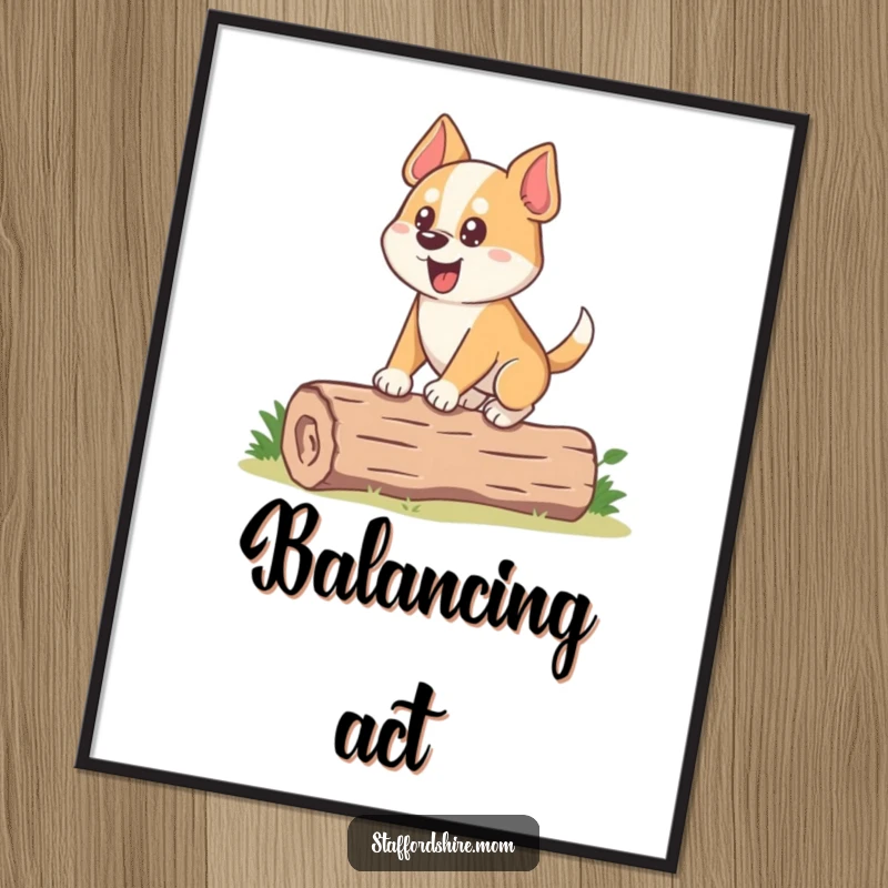 Funny Dog Poster: A stocky dog with an eager face carefully balances on a small log, creating a humorous and endearing scene.