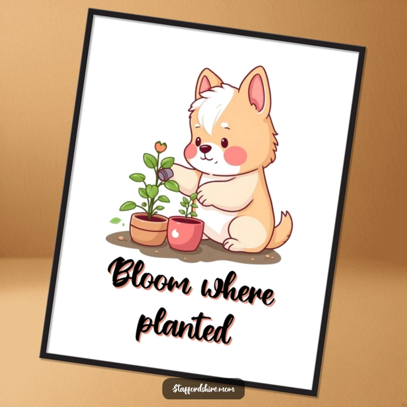 Funny poster art of a Staffordshire dog with rosy cheeks happily watering a small plant, celebrating the joy of nurturing and growth.