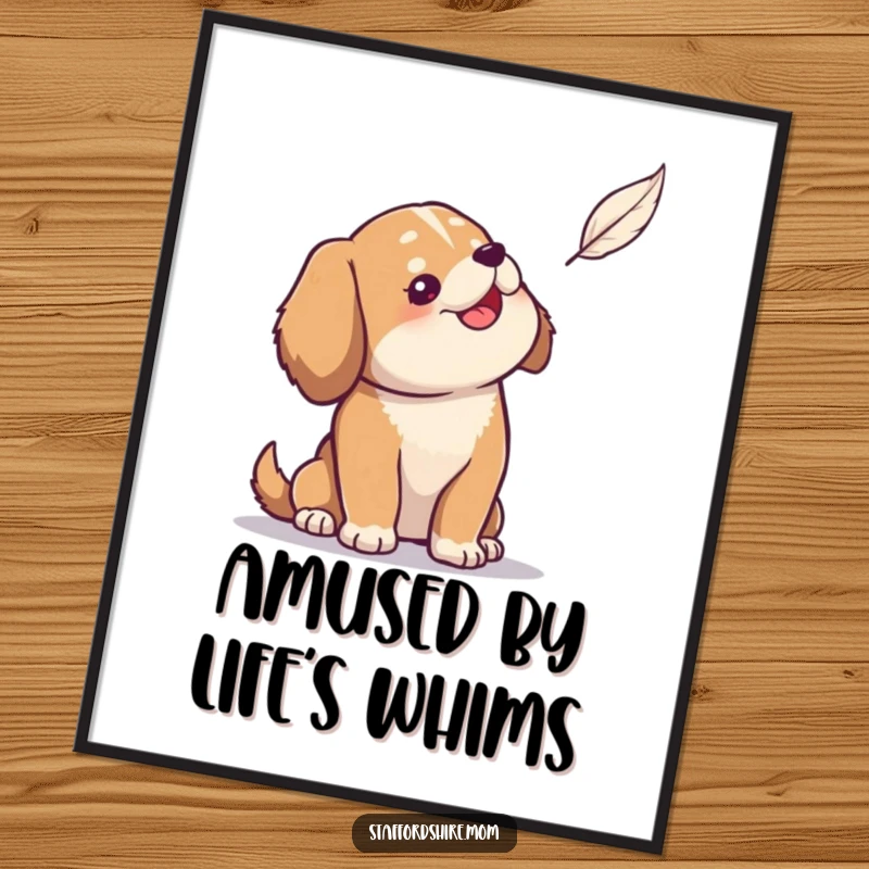 Funny poster of a solid build dog looking up with wide-eyed amusement at a tiny, delicate floating feather.