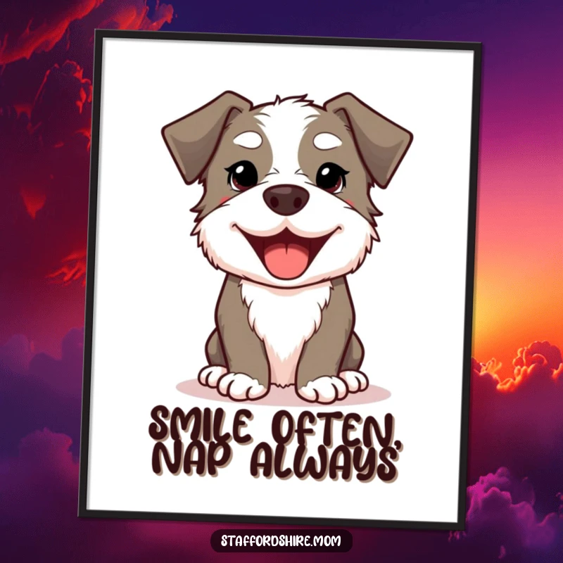 Funny Kawaii Staffordshire Dog Poster showing a cute, smiling dog with a wide, happy doggy grin, perfect wall art.