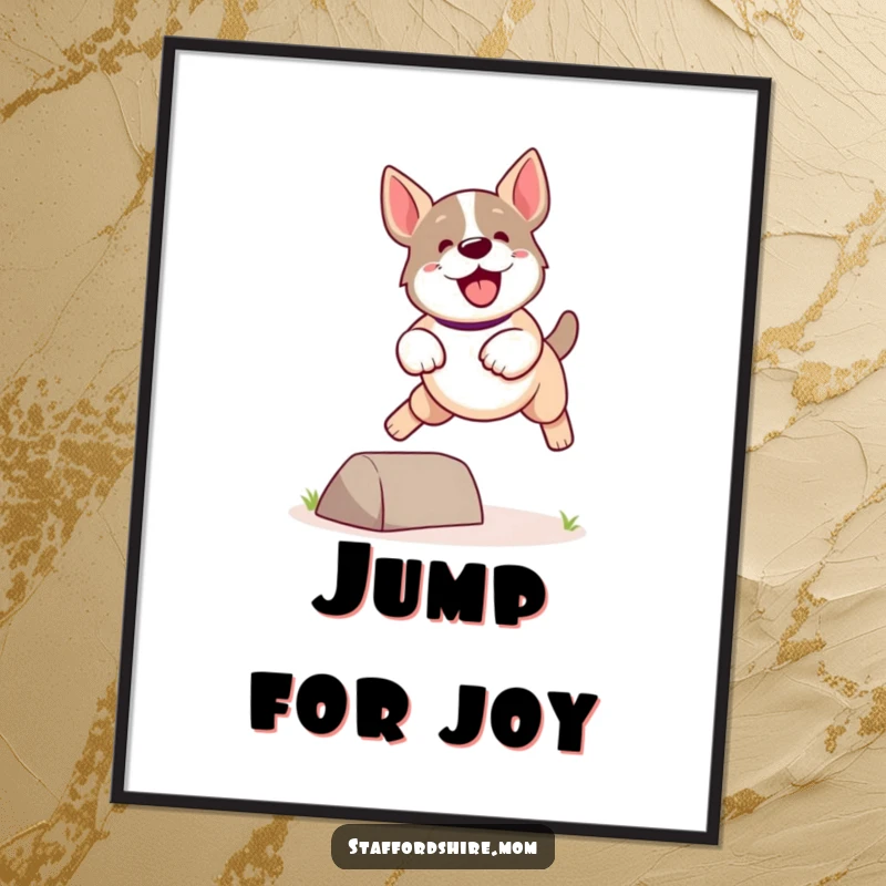Funny Kawaii Staffordshire Dog Poster showing a cute, energetic dog leaping playfully over a small obstacle, dynamic wall art.