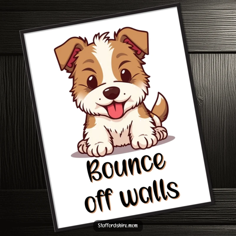 Funny Kawaii Staffordshire dog poster artwork of an energetic pup with a perpetually bouncing head, radiating pure canine joy.