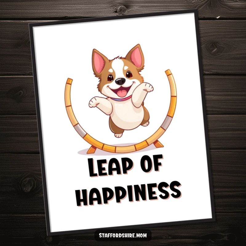 Funny playful Staffordshire dog poster, jumping through a hoop with excitement, energetic and humorous art.