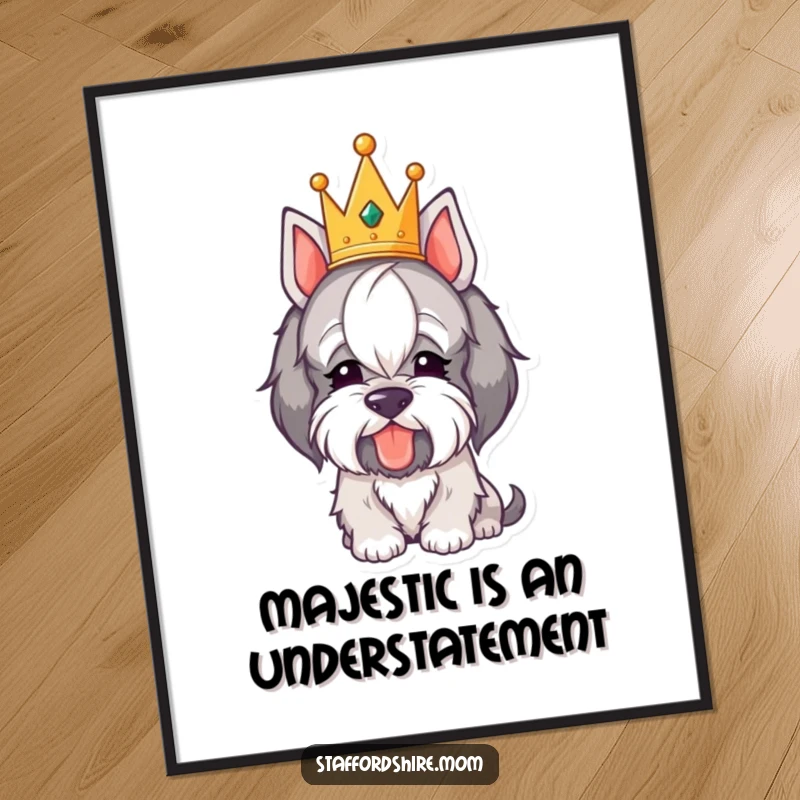 Funny Royal Staffordshire Poster: An art print displaying a crowned dog character humorously bowing its head in a regal pose.