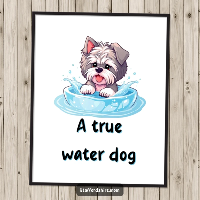 Funny Staffordshire poster, a dog playfully splashes in a sparkly pool, capturing effervescent joy and carefree delight.