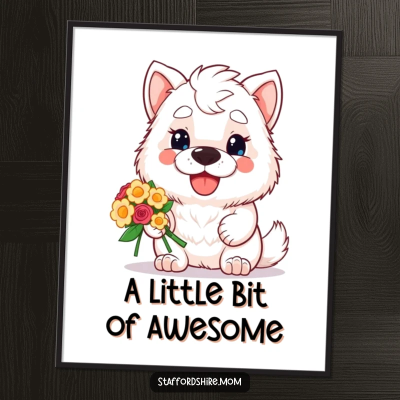 Funny poster art of a kawaii Staffordshire dog with a wide, happy smile, offering a beautiful bunch of colorful flowers, radiating pure joy.
