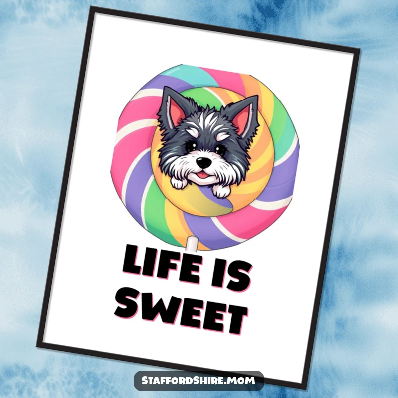 Funny Staffordshire Lollipop Poster: An art print of a character peeking from behind a large, colorful lollipop, evoking sweetness.