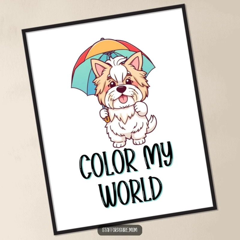 Funny poster art of a friendly Staffordshire dog waving hello, holding a bright rainbow umbrella, creating a cheerful and welcoming atmosphere.
