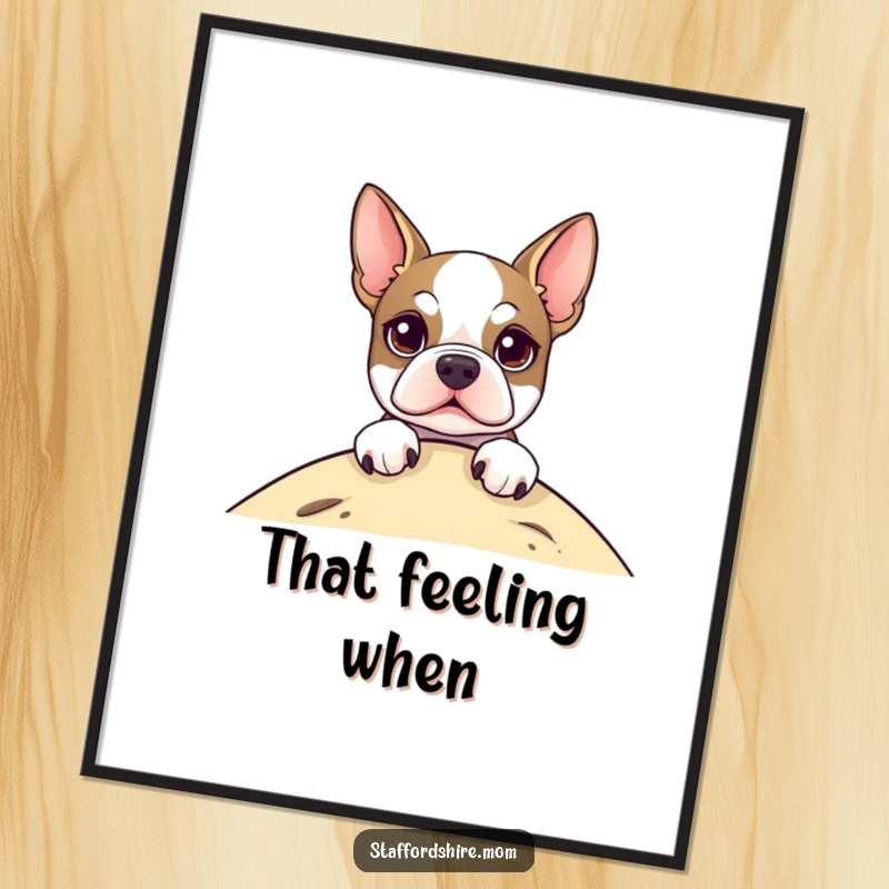 Funny Poster of a Staffordshire Terrier peeking over a hill with bright, engaging eyes, bringing warmth and humor to any wall.