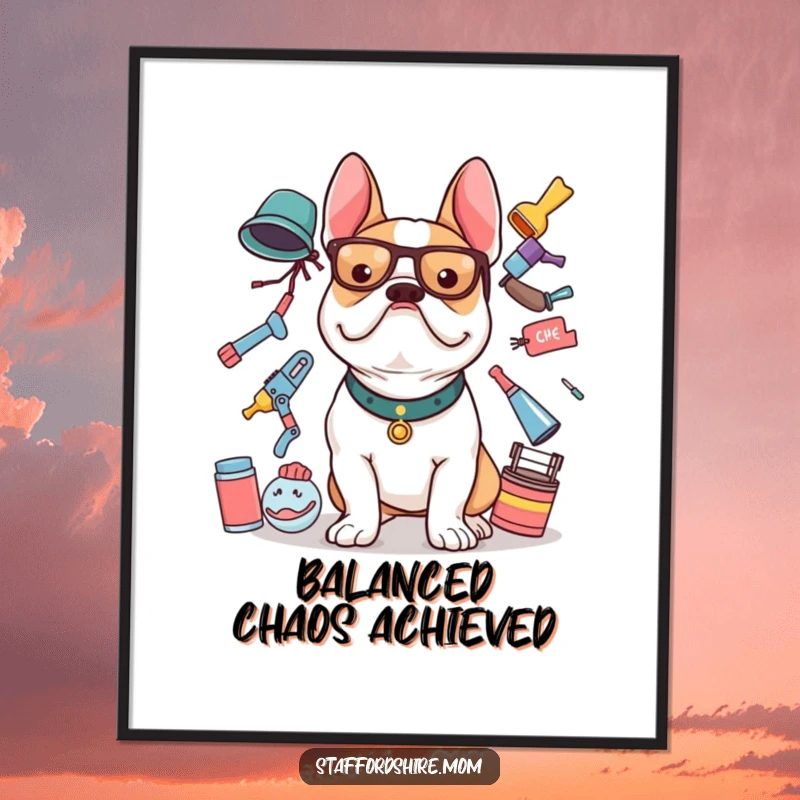 Funny Staffy poster depicting a Staffordshire Bull Terrier attempting an impossible balancing act with many items.