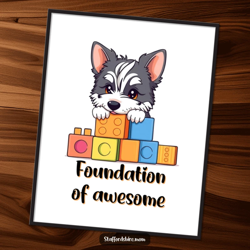 Funny Staffy building blocks poster featuring a dog peeking over colorful blocks, embodying playful decoration.