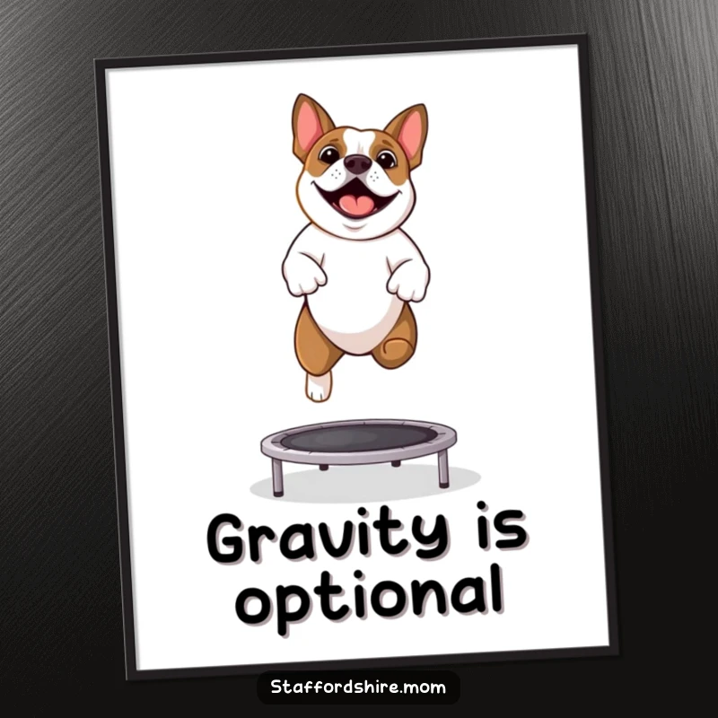 Funny Staffy poster illustrating a jubilant Staffordshire Bull Terrier mid-bounce on a small trampoline.