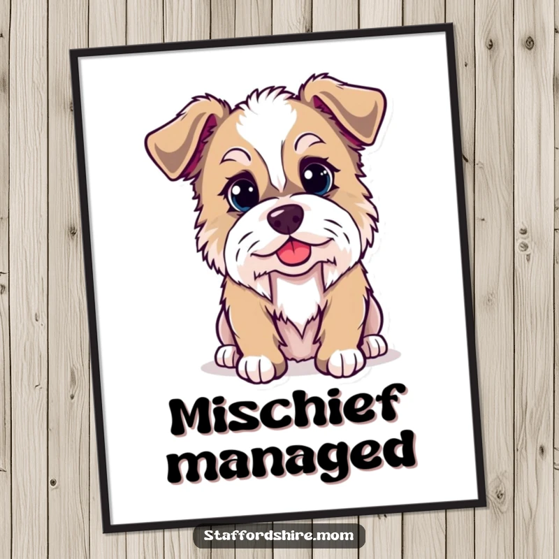 Funny Kawaii Staffordshire dog poster featuring a dog with a mischievous twinkle, perfect wall art for lovers of cute and humorous canine designs.