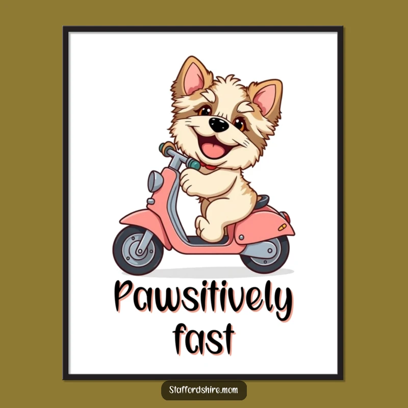 Funny Staffordshire Scooter Poster: Giggling Dog Art, Perfect Humorous Decor