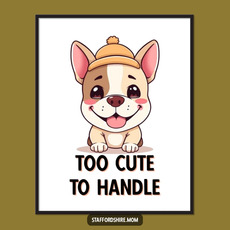 Funny Kawaii Staffy Art Poster: Adorable Grinning Dog with Hat, Humorous Decor