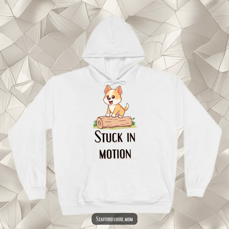 Funny Dog Hoodie: A stocky dog with an eager expression is seen mid-balance on a small log, showcasing funny determination.