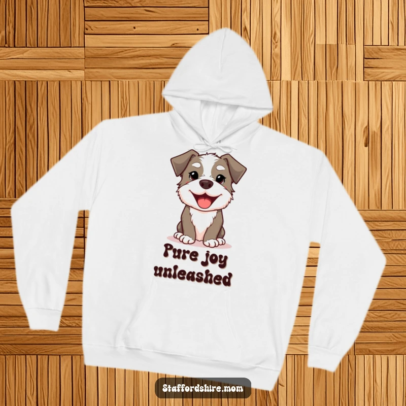 Funny Kawaii Staffordshire Dog Hoodie showcasing a cute, smiling dog with a broad, happy doggy grin, ideal for comfort.