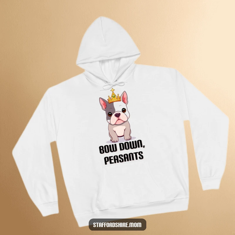 Funny Royal Staffy hoodie showcasing a Staffordshire Bull Terrier wearing a sparkly crown and posing regally.