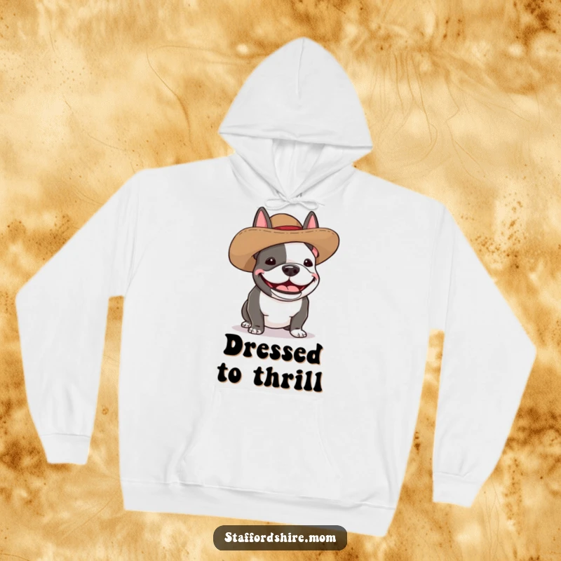 Funny Staffordshire bull terrier hoodie showing a dog wearing a very silly, oversized hat and giggling uncontrollably.
