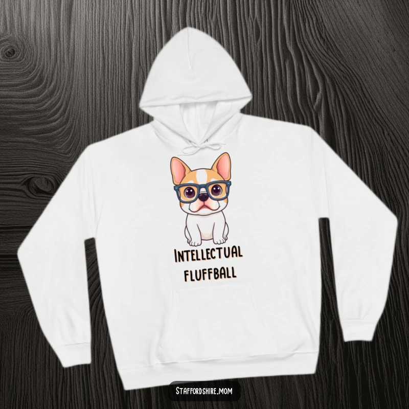 Funny Staffordshire terrier wearing oversized spectacles, looking thoughtfully curious and intelligent on this cozy hoodie.