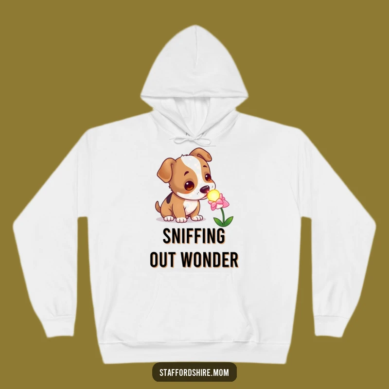 Funny Curious Staffy Hoodie, Cozy Enchanted Dog Sweatshirt, Whimsical Gift for Pet Fans
