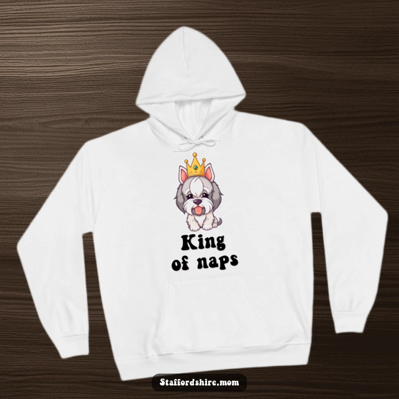 Funny Royal Staffordshire Hoodie: A plush hoodie featuring a crowned dog character humorously bowing its head in a regal manner.