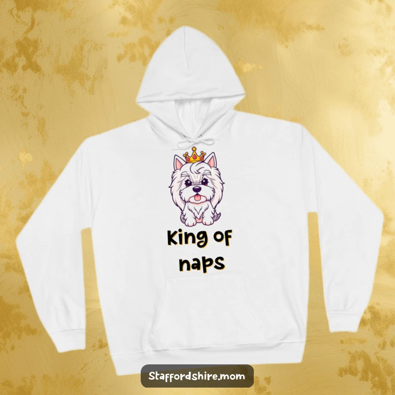 Funny Royal Staffy hoodie featuring a cute Staffordshire Bull Terrier wearing a crown, offering warmth and majesty.