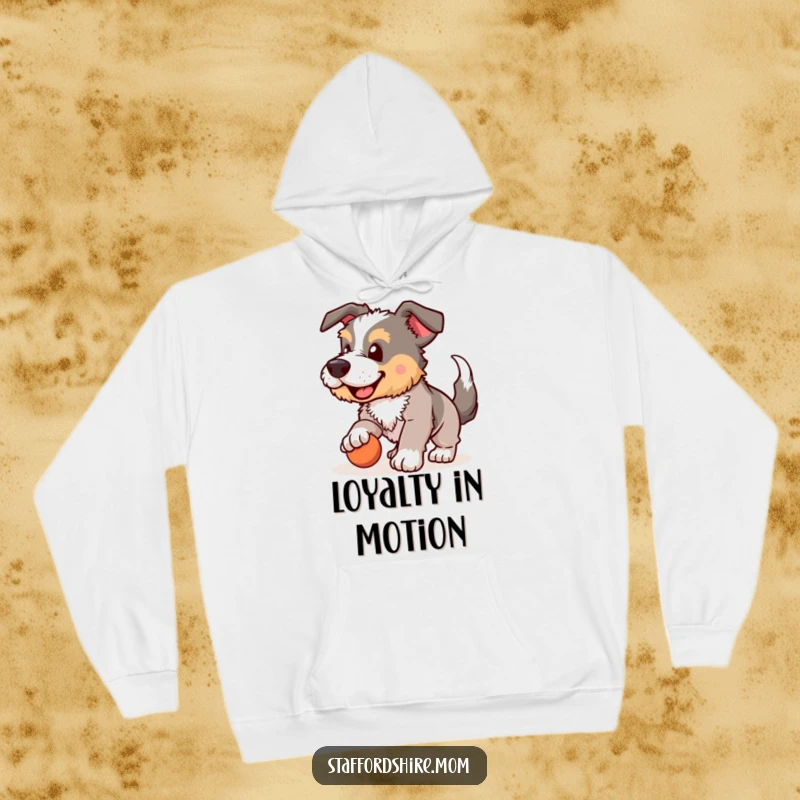 Funny Staffordshire hoodie, dog playing fetch, wagging tail, cozy pet apparel, humorous sweatshirt, excellent funny gift.