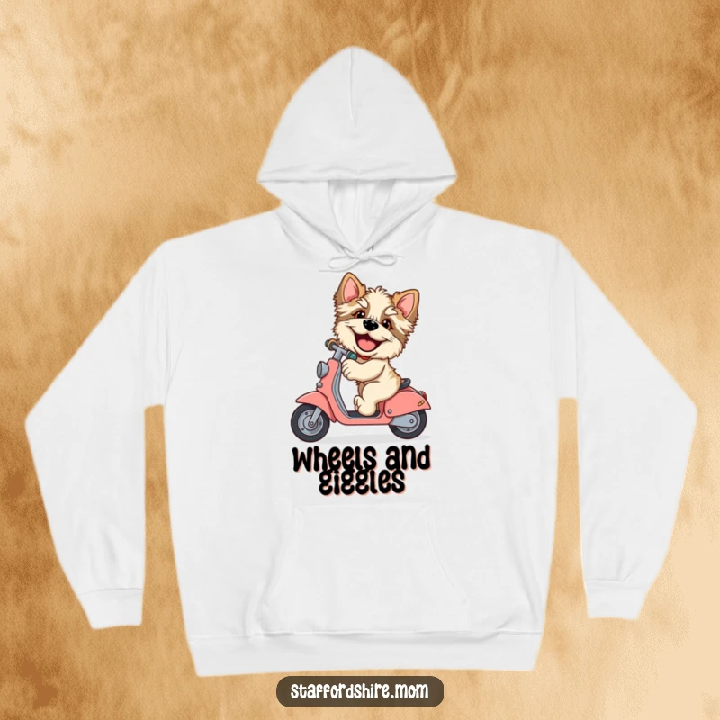 Funny Staffordshire hoodie, giggling dog, riding scooter, large paws, cozy pet wear, excellent funny gift.