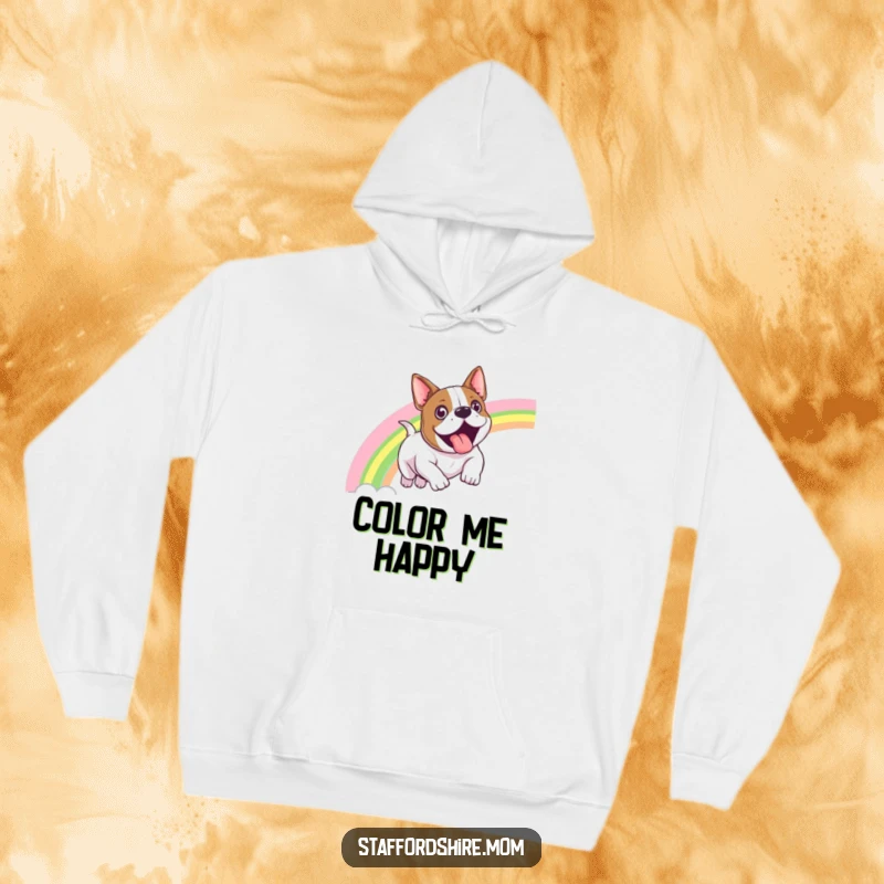 Funny Staffordshire bull terrier hoodie showing a dog exhilarated as it slides down a bright, colorful rainbow.