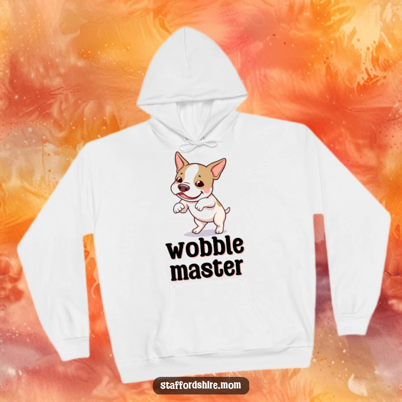 Funny Staffordshire bull terrier hoodie illustrating a dog hilariously tripping over its feet, looking thoroughly amused.