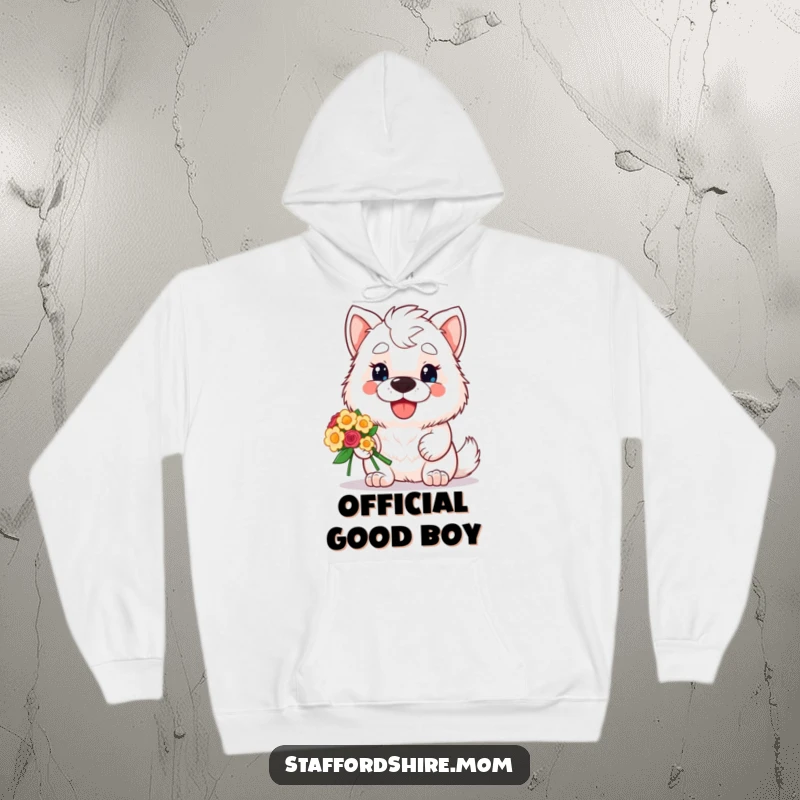 Funny hoodie showcasing a kawaii Staffordshire dog with a delightful grin, holding a vibrant bouquet of flowers, ready to share love and happiness.