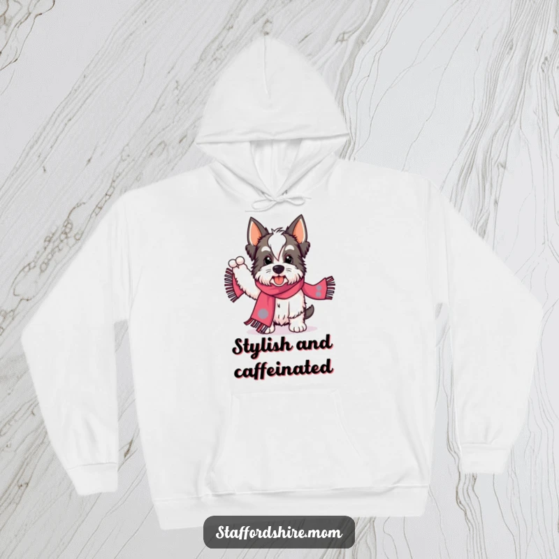 Funny Staffordshire hoodie depicting a dog enthusiastically waving a brightly colored scarf, perfect for staying warm and spirited.