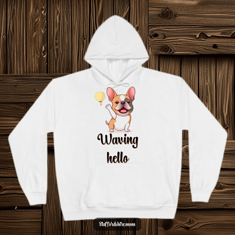 Funny Staffordshire bull terrier hoodie showing an excited dog enthusiastically waving at a hot air balloon in the sky.